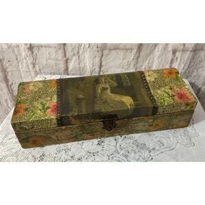 Antique Long Box or Dresser Glove Box Celluloid & Wood Victorian Lady & Floral